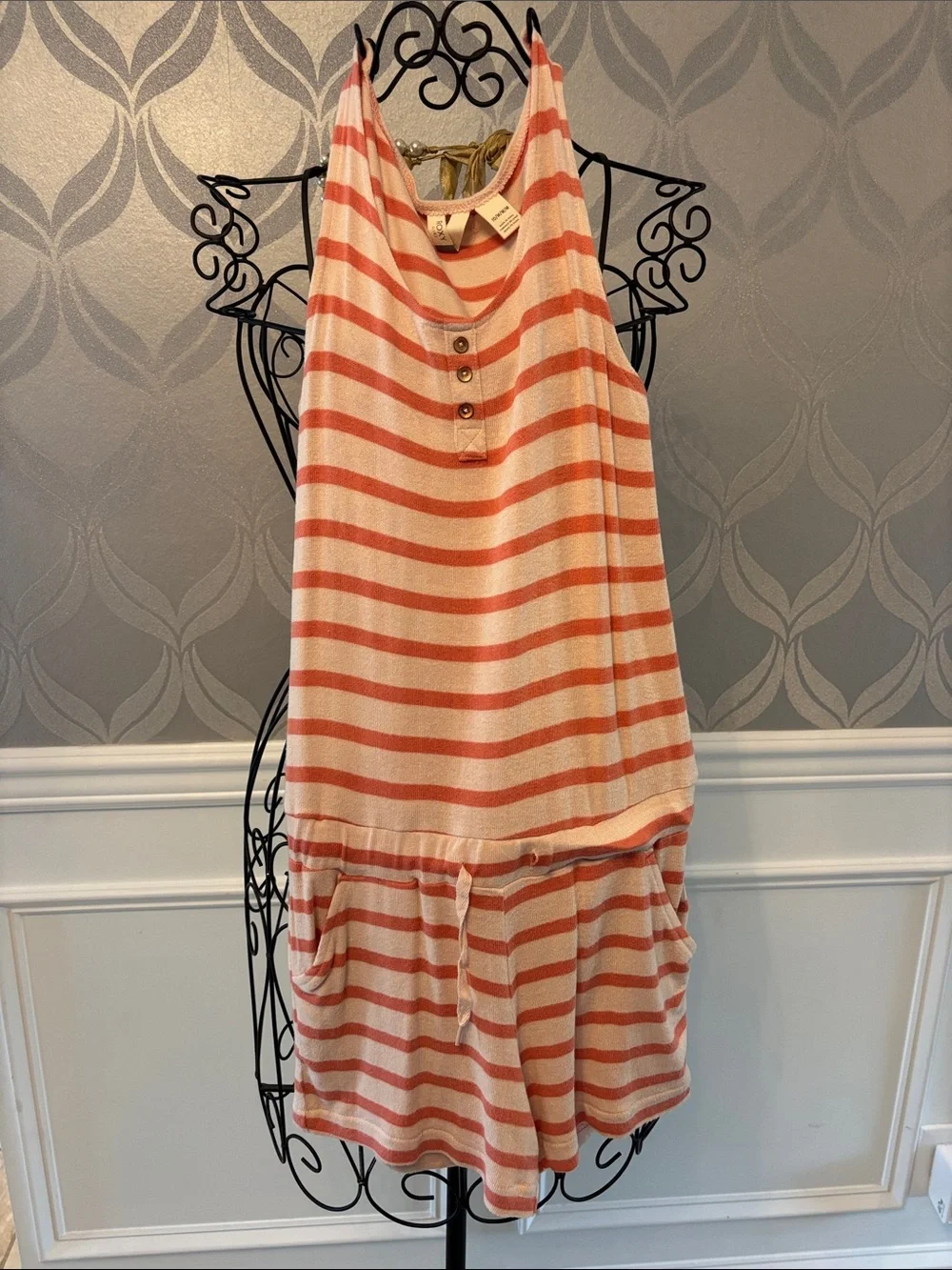 Girls' Striped Sleeveless Peach & Cream Romper